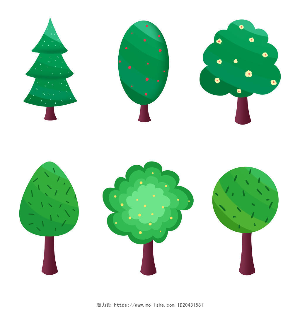 绿色卡通手绘树木图标素材简笔画原创插画海报植物